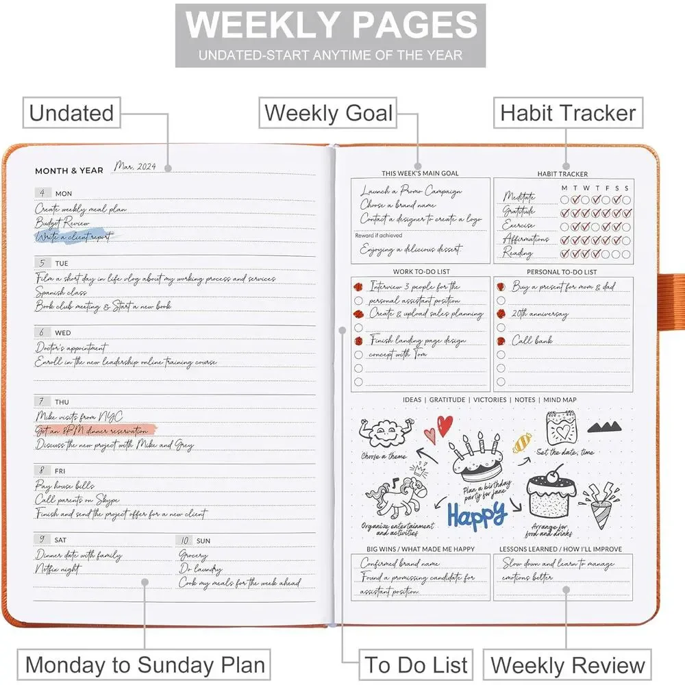 Undated Hardcover Daily Weekly Planner Time Management and Productivity Goals